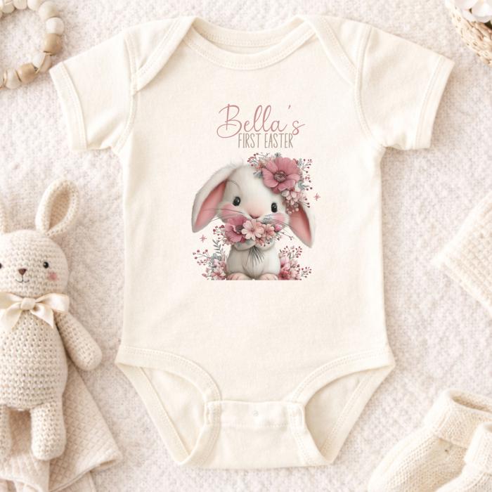 First Easter Baby Girl Personalized Onesie | Short Sleeve 100% Cotton Bodysuit (0-3 to 18 Months)