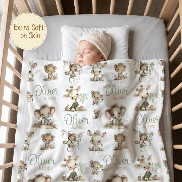 Personalized Safari Baby Blanket | Animal Baby Shower Gift | Safari Nursery Decor | Whimsical Baby Shower Gift