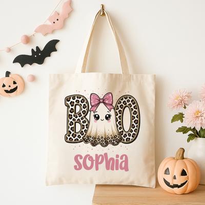 Personalized Leopard Print Boo Ghost Halloween Tote Bag for Kids | Cute Ghost with Pink Bow Trick or Treat Bag | Custom Name Canvas Bag