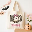  Personalized Leopard Print Boo Ghost Halloween Tote Bag for Kids | Cute Ghost with Pink Bow Trick or Treat Bag | Custom Name Canvas Bag
