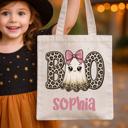  Personalized Leopard Print Boo Ghost Halloween Tote Bag for Kids | Cute Ghost with Pink Bow Trick or Treat Bag | Custom Name Canvas Bag