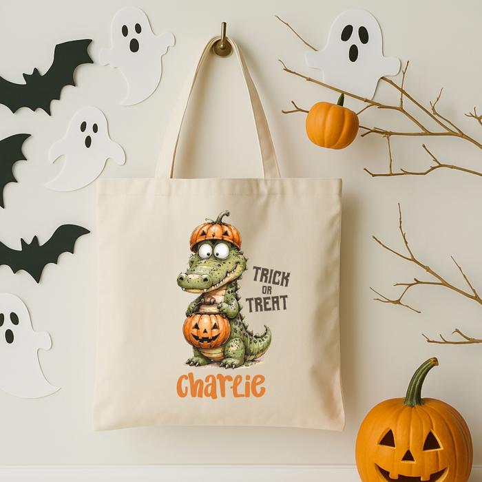 Personalized Alligator Pumpkin Treat or Trick Bag for Kids | Cute Halloween Canvas Trick or Treat Bag