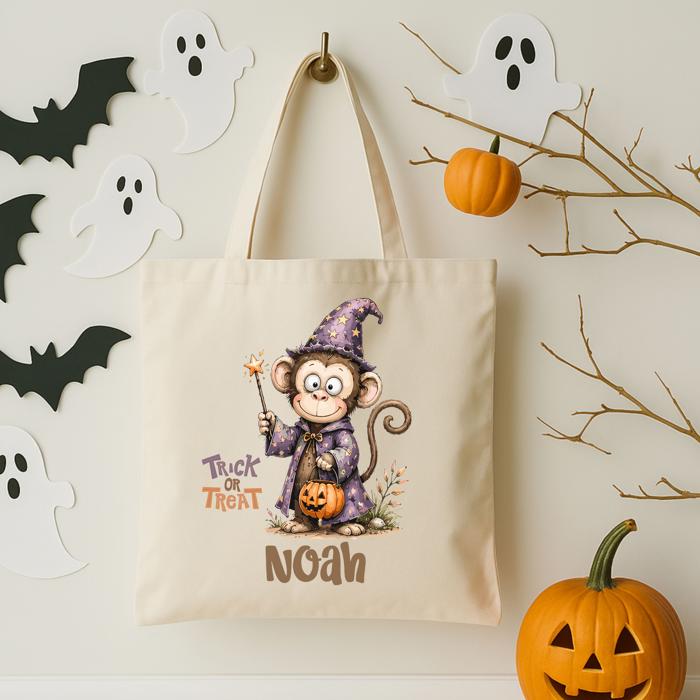 Monkey Wizard Personalized Trick or Treat Bag | Custom Halloween Treat Bag for Kids | Monkey Wizard tote