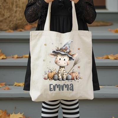 Giraffe Halloween Bag Personalized | Custom Giraffe Whimsical Witch Tote | Kid's Canvas Halloween Trick or Treat Bag