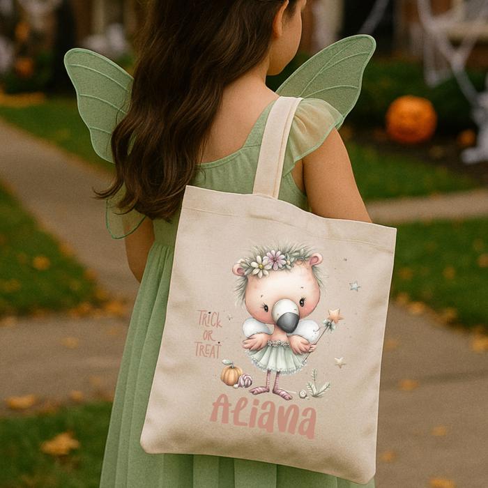 Pretty Flamingo Personalized Trick or Treat Bag | Cute Custom Halloween Treat Bag for Kids | Flamingo Canva Tote Bag
