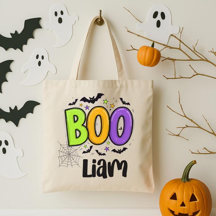 Personalized Colorful Boo Halloween Tote Bag for Kids | Cute Trick or Treat Bag | Custom Name Canvas Bag