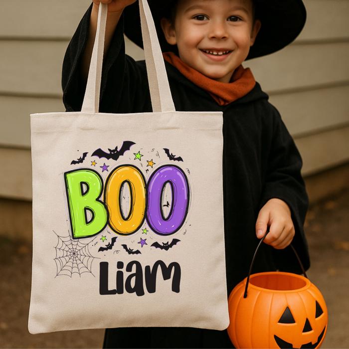 Personalized Colorful Boo Halloween Tote Bag for Kids | Cute Trick or Treat Bag | Custom Name Canvas Bag