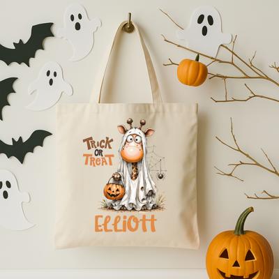 Giraffe Ghost Halloween Trick or Treat Tote Bag for Kids | Personalized Giraffe Ghost Tote | Cute Halloween Bag for Kids