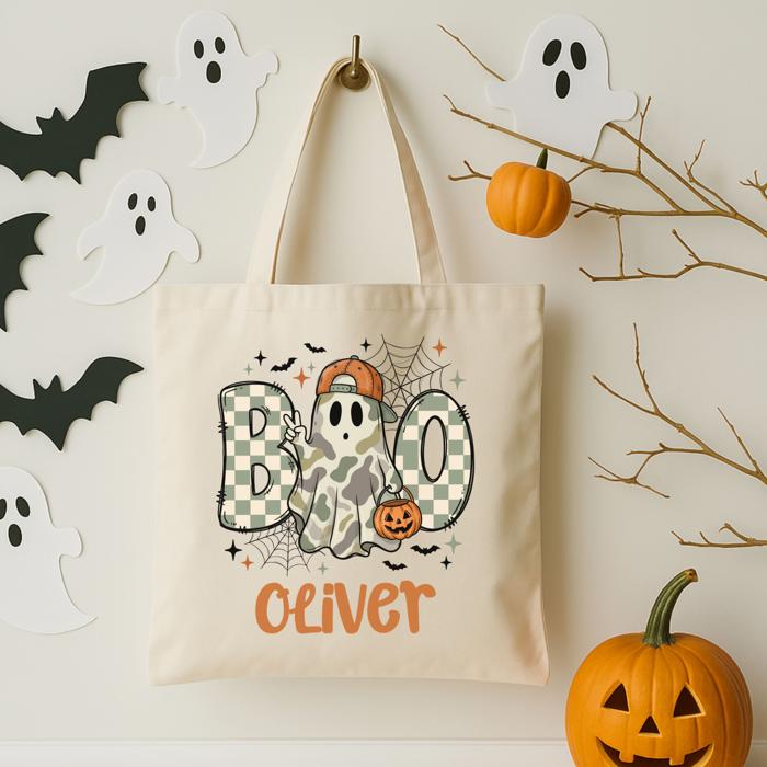 Personalized Camo Boo Halloween Tote Bag for Kids | Cute Ghost Trick or Treat Bag | Custom Name Canvas Bag