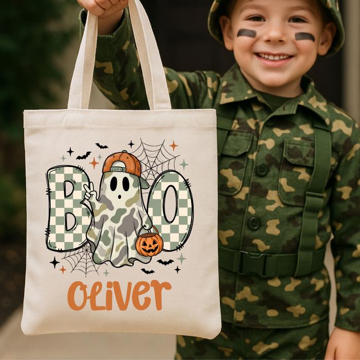 Personalized Camo Boo Halloween Tote Bag for Kids | Cute Ghost Trick or Treat Bag | Custom Name Canvas Bag