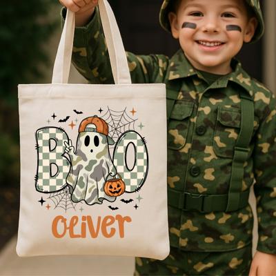 Personalized Camo Boo Halloween Tote Bag for Kids | Cute Ghost Trick or Treat Bag | Custom Name Canvas Bag