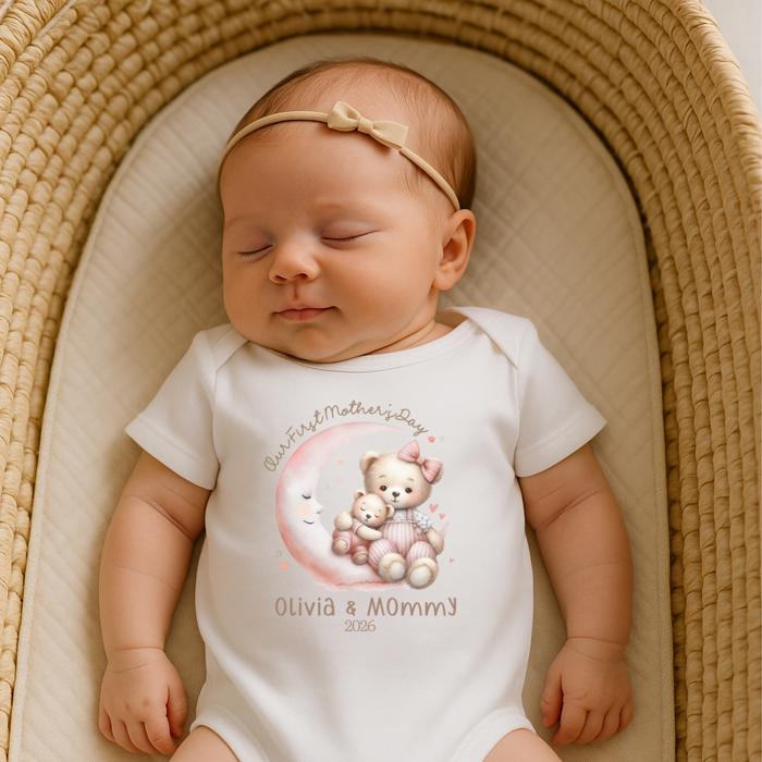 Baby Onesie for First Mother’s Day | Personalized Gift from Baby to Mommy | Mommy & Baby Teddy Bears on Pink Moon | Custom Names Year 2026