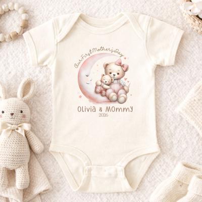 Baby Onesie for First Mother’s Day | Personalized Gift from Baby to Mommy | Mommy & Baby Teddy Bears on Pink Moon | Custom Names Year 2026
