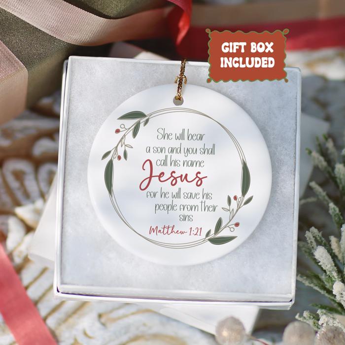 Christian Scripture Ornament | Religious Holiday Decor | Faith-Based Christmas Gift | Matthew 1:21 |Gift Box Included