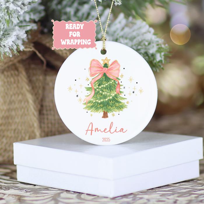 Pink Coquette Bow Personalized Christmas Tree Ornament