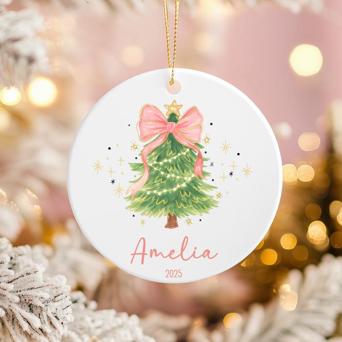 Pink Coquette Bow Personalized Christmas Tree Ornament