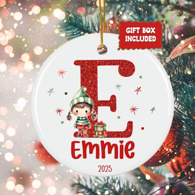 Personalized Girl Elf Child's Initial and Name Christmas Ornament | Gift Box Included
