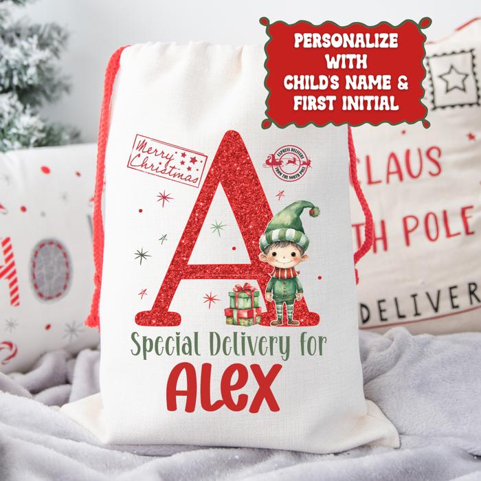 Personalized Special Delivery Boy Elf Design Santa Bag | Large and Small Bags