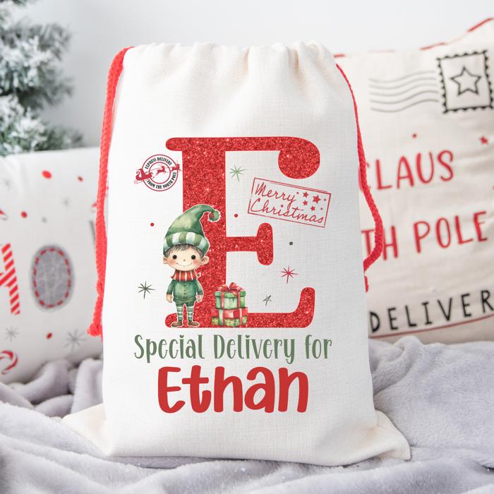 Personalized Special Delivery Boy Elf Design Santa Bag | Large and Small Bags
