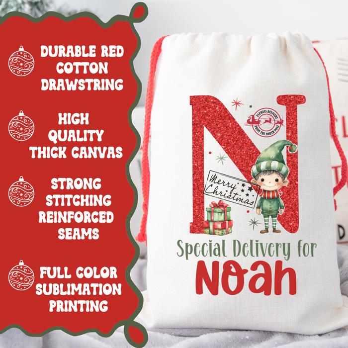 Personalized Special Delivery Boy Elf Design Santa Bag | Large and Small Bags
