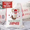  Personalized Rudolph Initial Special Delivery Santa Bag | Child’s Initial & Name | Large and Small Bags