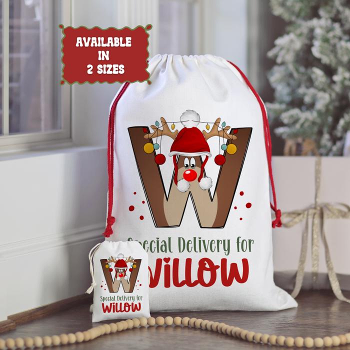 Personalized Rudolph Initial Special Delivery Santa Bag | Child’s Initial & Name | Large and Small Bags