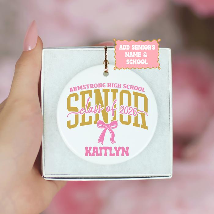 Personalized Pink Coquette Senior 2026 Graduation Ornament | Customize with Senior's Name and School