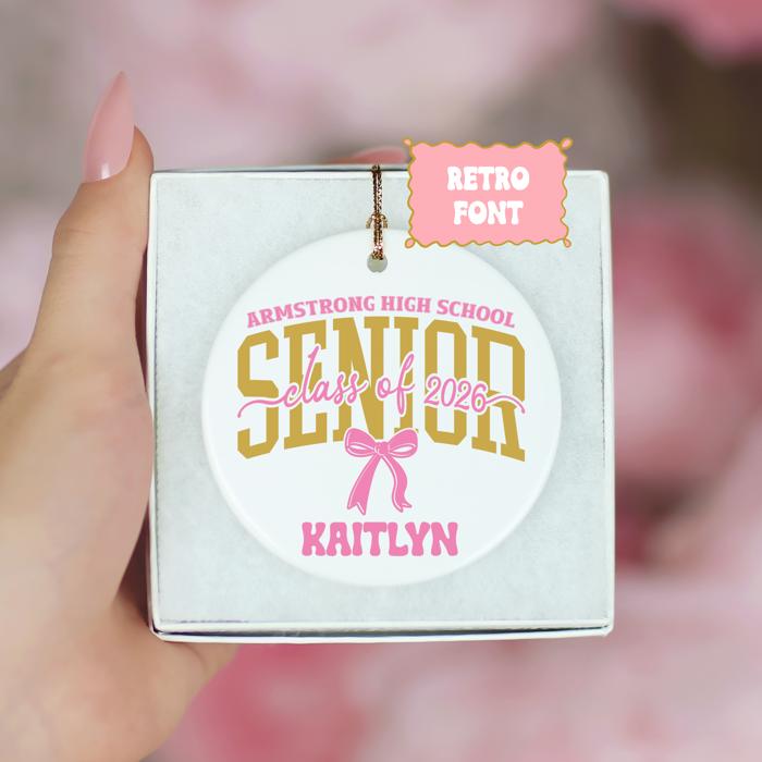 Personalized Pink Coquette Senior 2026 Graduation Ornament | Customize with Senior's Name and School