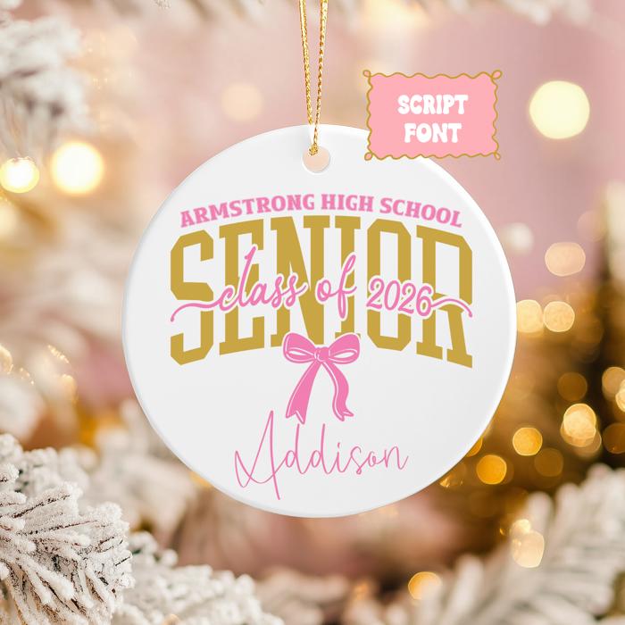 Personalized Pink Coquette Senior 2026 Graduation Ornament | Customize with Senior's Name and School