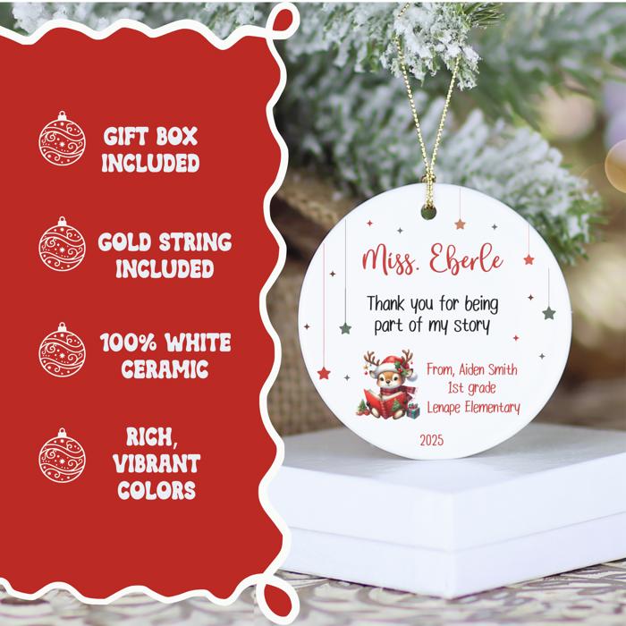 Personalized Teacher Thank You Christmas Ornament| Includes Teacher Name, Student Name, Grade, School | Gift Box Included