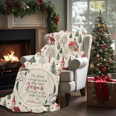 Matthew 1:21 Bible Verse Christmas Blanket with Town Scene | Faith Based Gift | Christian Holiday Decor