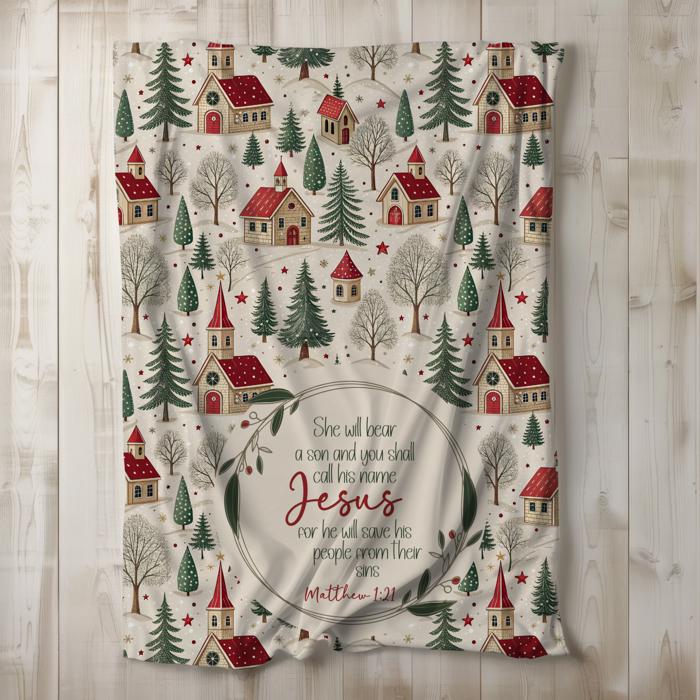 Matthew 1:21 Bible Verse Christmas Blanket with Town Scene | Faith Based Gift | Christian Holiday Decor