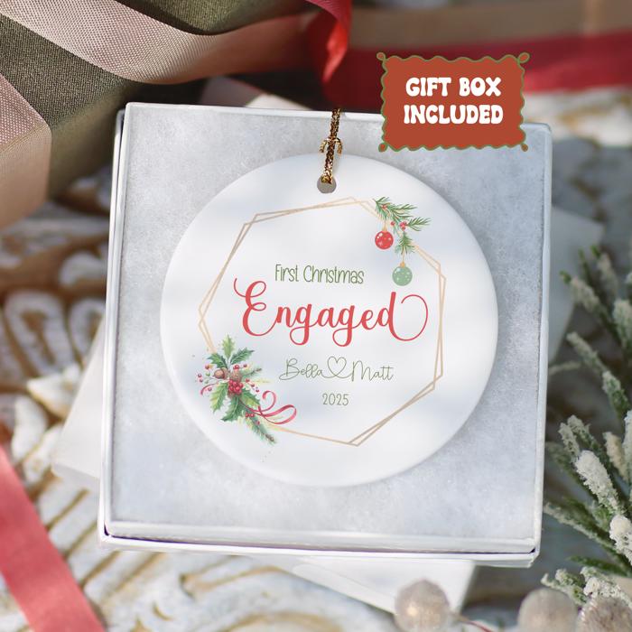 First Christmas Engaged Personalized Ornament 2025 – Custom Couple Names with Heart, Engagement Gift, Keepsake Holiday Decoration