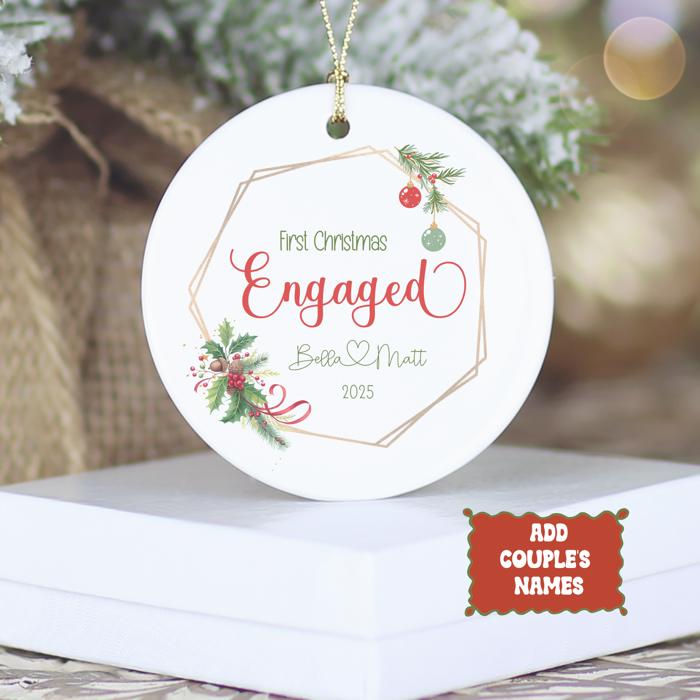First Christmas Engaged Personalized Ornament 2025 – Custom Couple Names with Heart, Engagement Gift, Keepsake Holiday Decoration