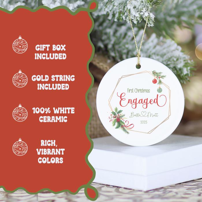 First Christmas Engaged Personalized Ornament 2025 – Custom Couple Names with Heart, Engagement Gift, Keepsake Holiday Decoration