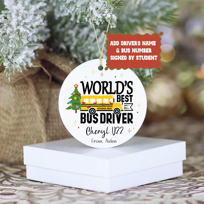 World’s Best Bus Driver Personalized Christmas Ornament | Driver Name & Bus Number | Signed by Student