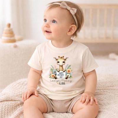 Custom Mother’s Day Gift from Toddler; Personalized Mother’s Day Toddler Shirt – Cute Giraffe with Flowers, “I Love You Mommy” Design