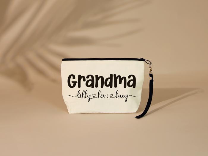  Personalized Grandma with Grandchildren's Names Cosmetic Bag with Wristlet – Pouch for Grandma, Travel, Make up or Everyday Essentials