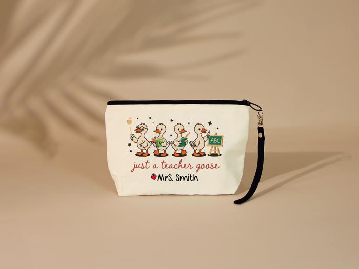 Personalized Teacher Goose Cosmetic Bag with Wristlet – Funny Custom Teacher Gift with Name - Teacher Appreciation Gift