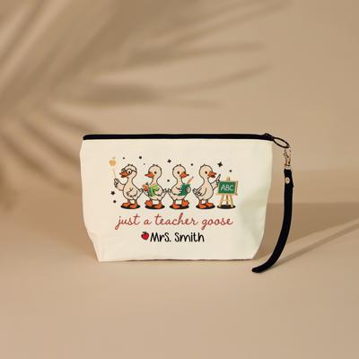 Personalized Teacher Goose Cosmetic Bag with Wristlet – Funny Custom Teacher Gift with Name - Teacher Appreciation Gift