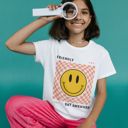 S Friendly But Awkward Shirt; Smiley Face Graphic T-shirt; Funny and Friendly Tee; Tween Girl Popular graphic T-shirt; Teen Girl Apparel Gift