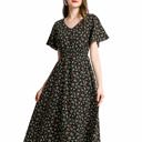 Small Women’s Black Floral Midi Dress – V-Neck Short Sleeve Summer Dress, Flowy Casual A-Line Dress for Everyday, Travel & Brunch