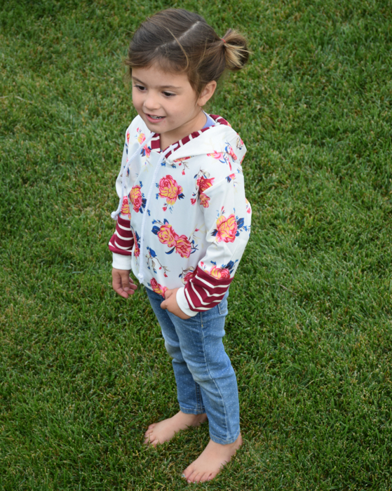 Girl's Floral Hoodie – White Sweatshirt with Red Striped Sleeves