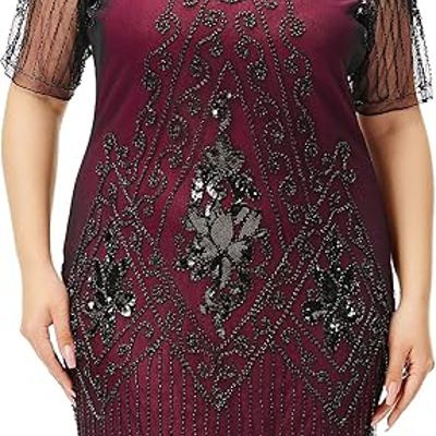 Plus Size 1920s Flapper Dress – Burgundy Sequin Beaded Fringe Cocktail Party Dress