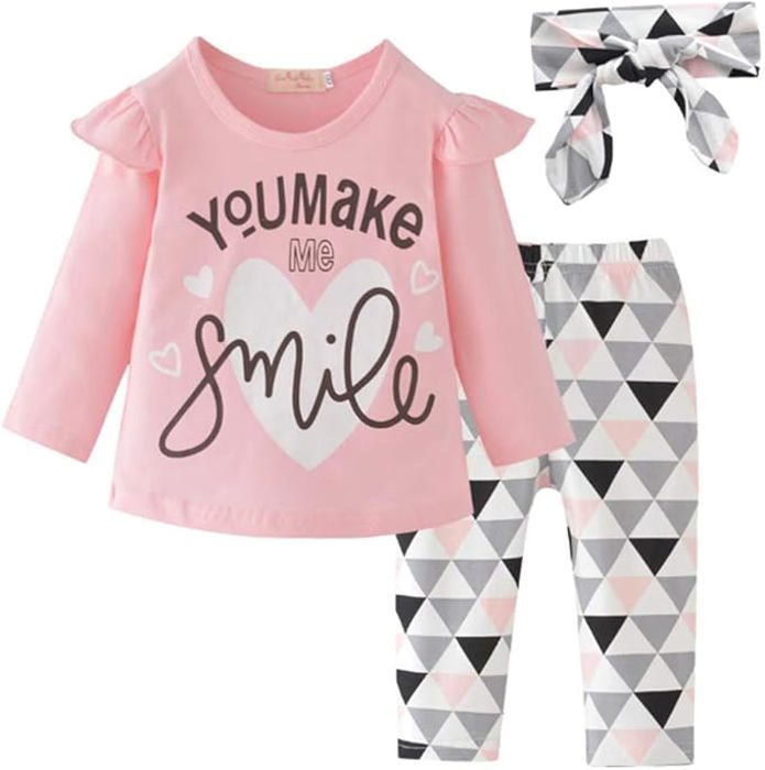 Baby Girl Outfit Set – “You Make Me Smile” Long Sleeve Top, Pants & Headband