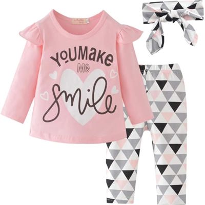 Baby Girl Outfit Set – “You Make Me Smile” Long Sleeve Top, Pants & Headband