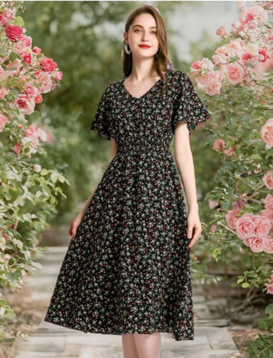 Women’s Black Floral Midi Dress – V-Neck Short Sleeve Summer Dress, Flowy Casual A-Line Dress for Everyday, Travel & Brunch