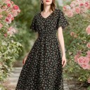  Women’s Black Floral Midi Dress – V-Neck Short Sleeve Summer Dress, Flowy Casual A-Line Dress for Everyday, Travel & Brunch