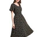  Women’s Black Floral Midi Dress – V-Neck Short Sleeve Summer Dress, Flowy Casual A-Line Dress for Everyday, Travel & Brunch