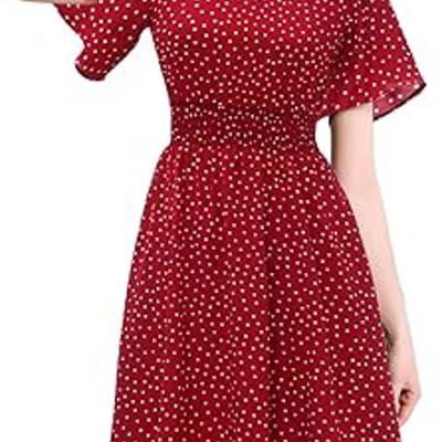 Women’s Red Polka Dot Midi Dress – V-Neck Short Sleeve Summer Dress, Flowy Casual A-Line Dress for Beach, Vacation & Everyday Wea